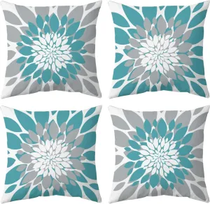Qahing Pack of 4 Outdoor Waterproof Pillow Covers 24x24 Decorative Outdoor Throw Pillows Garden Square Cushion Cases for Patio Furniture, Couch, Tent Sunbrella, Bench, Teal Turquoise Grey