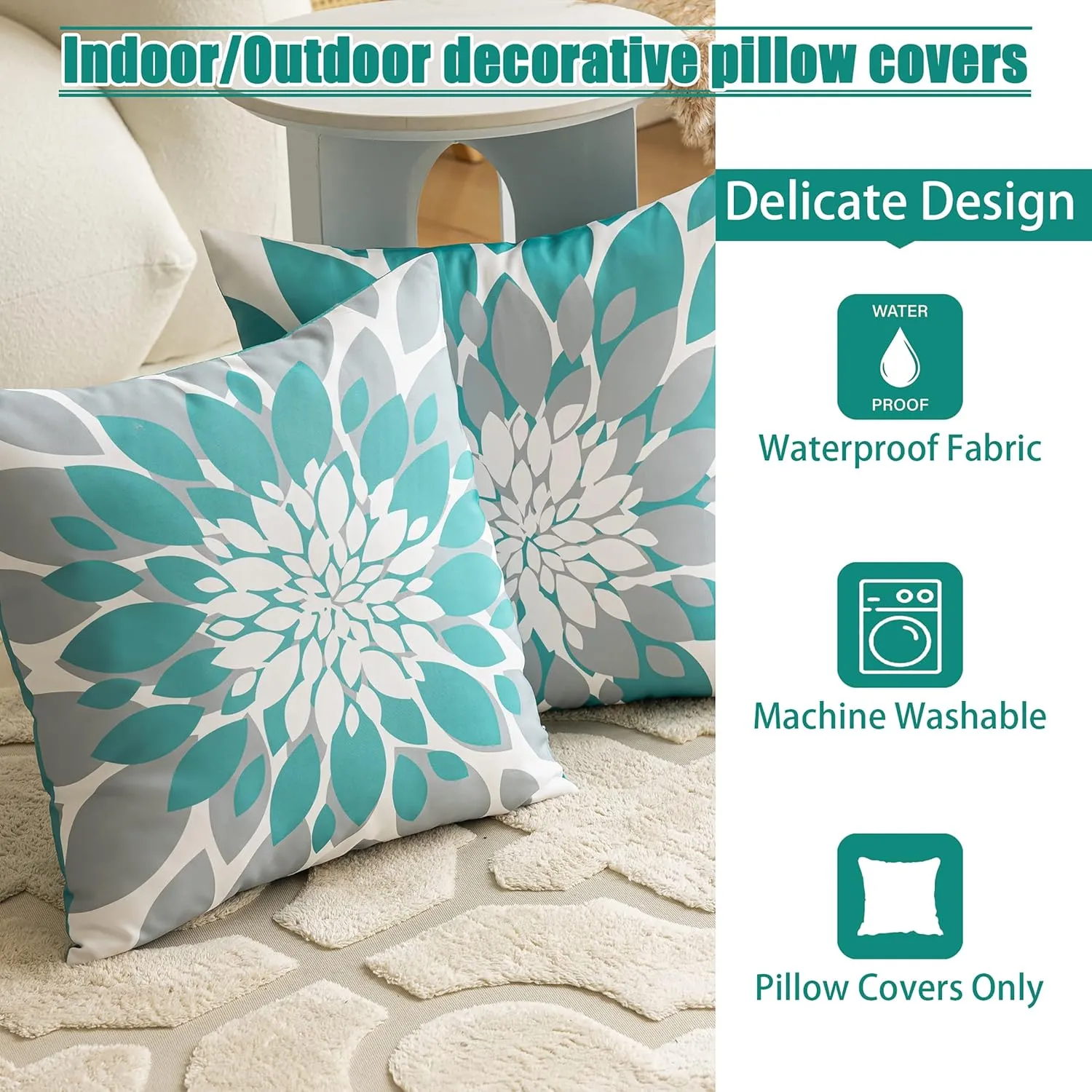 Qahing Pack of 4 Outdoor Waterproof Pillow Covers 24x24 Decorative Outdoor Throw Pillows Garden Square Cushion Cases for Patio Furniture, Couch, Tent Sunbrella, Bench, Teal Turquoise Grey