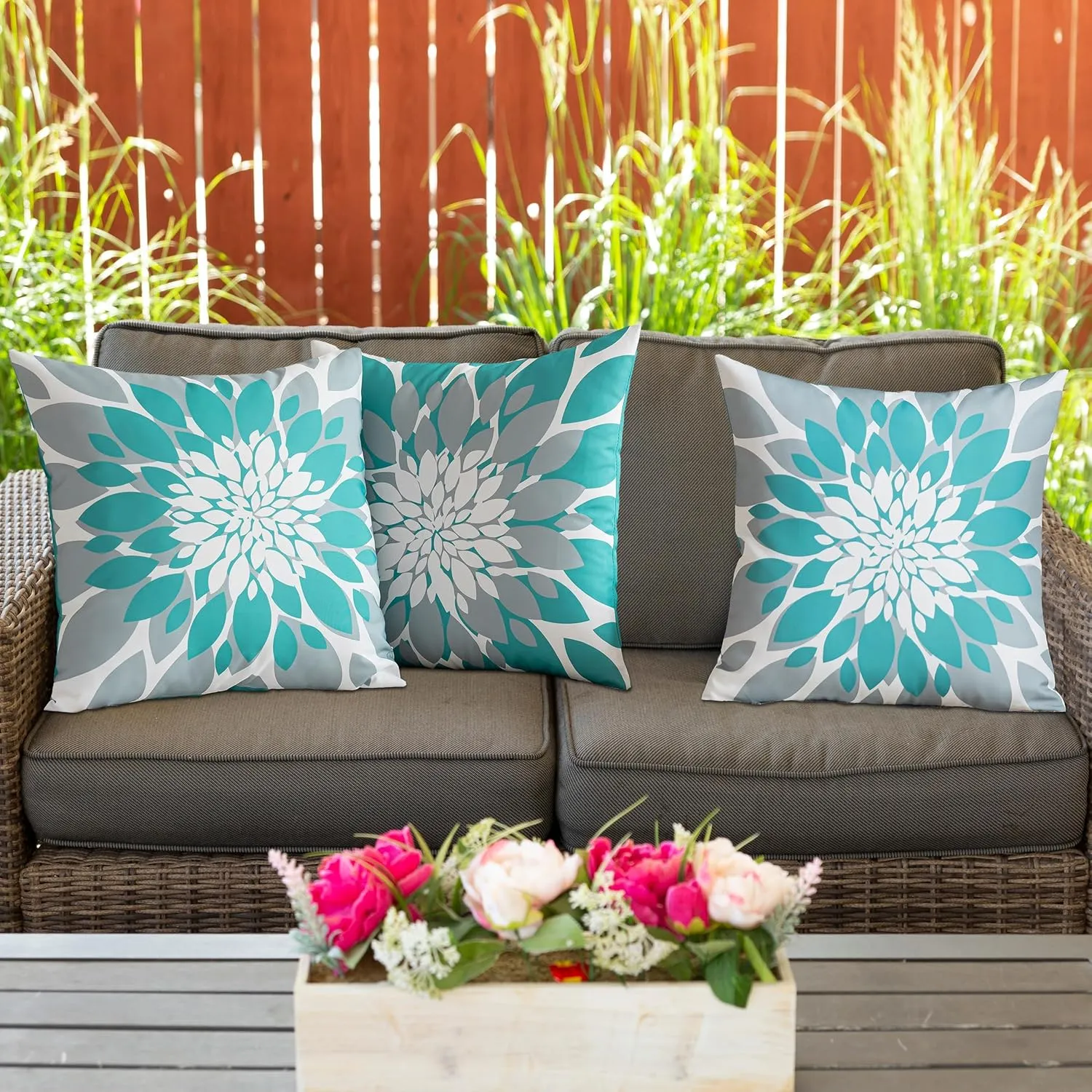 Qahing Pack of 4 Outdoor Waterproof Pillow Covers 24x24 Decorative Outdoor Throw Pillows Garden Square Cushion Cases for Patio Furniture, Couch, Tent Sunbrella, Bench, Teal Turquoise Grey