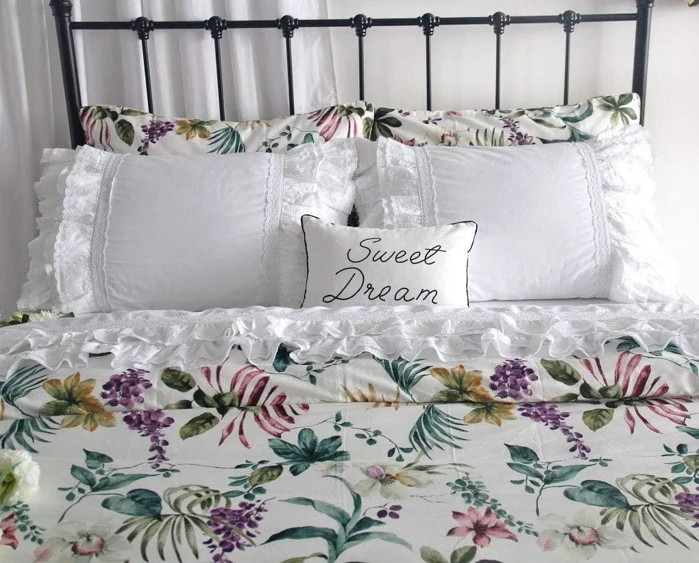 QSH Luxury Eyelet Lace Ruffle Sheets Set King Size French Country Bedding 100% Washed Cotton Shabby Bed Sheet 4pcs Deep Pockets Ruffled Bed Sheets