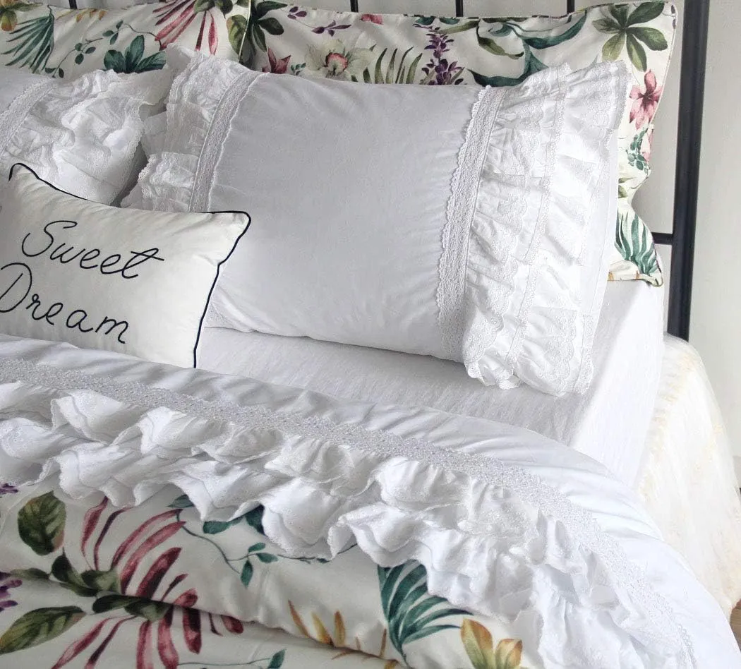 QSH Luxury Eyelet Lace Ruffle Sheets Set King Size French Country Bedding 100% Washed Cotton Shabby Bed Sheet 4pcs Deep Pockets Ruffled Bed Sheets