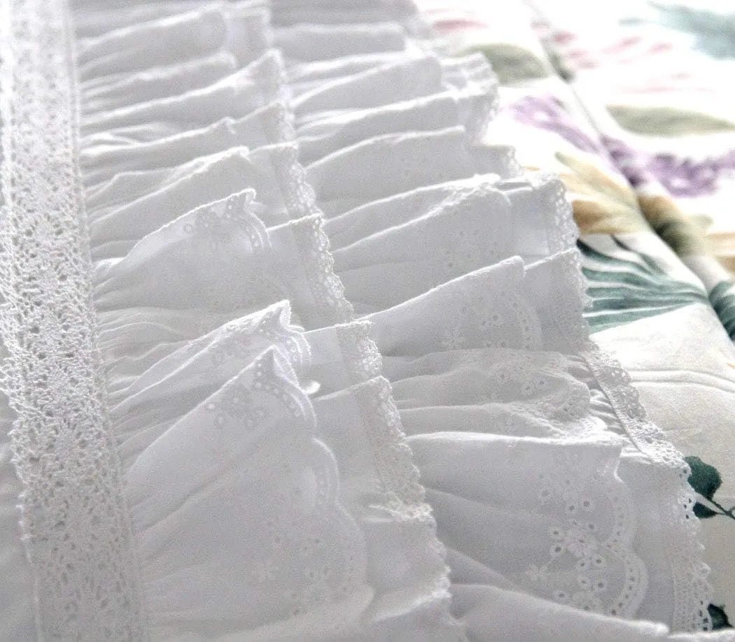 QSH Luxury Eyelet Lace Ruffle Sheets Set King Size French Country Bedding 100% Washed Cotton Shabby Bed Sheet 4pcs Deep Pockets Ruffled Bed Sheets