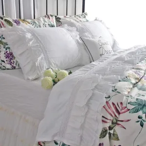 QSH Luxury Eyelet Lace Ruffle Sheets Set King Size French Country Bedding 100% Washed Cotton Shabby Bed Sheet 4pcs Deep Pockets Ruffled Bed Sheets