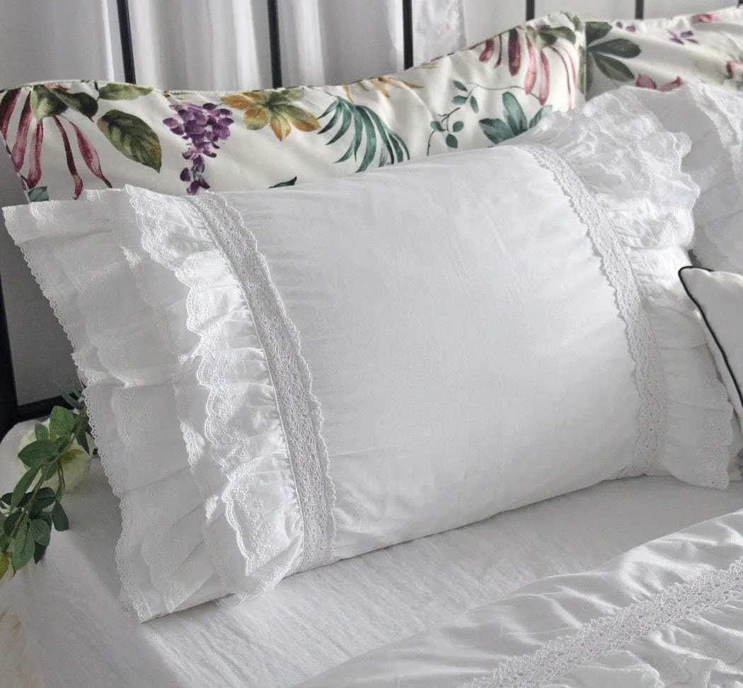 QSH Luxury Eyelet Lace Ruffle Sheets Set King Size French Country Bedding 100% Washed Cotton Shabby Bed Sheet 4pcs Deep Pockets Ruffled Bed Sheets