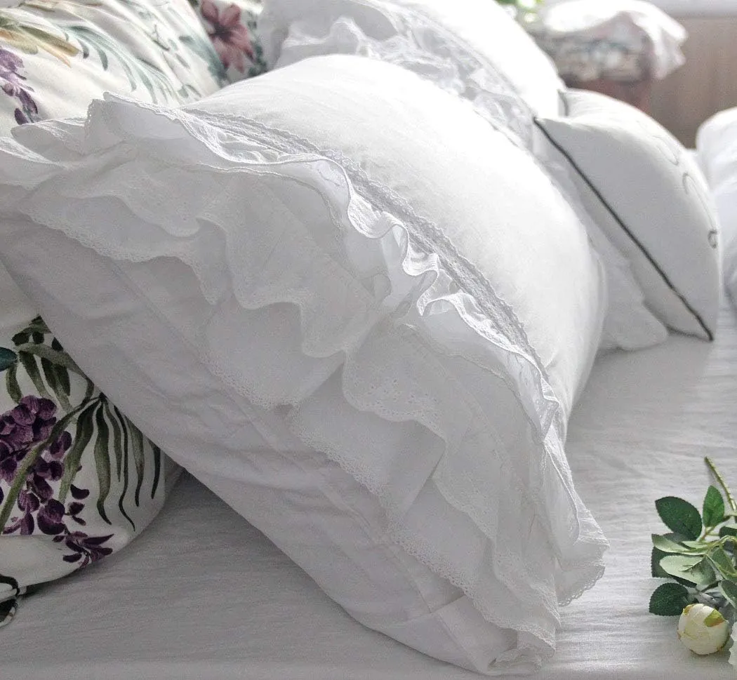 QSH Luxury Eyelet Lace Ruffle Sheets Set King Size French Country Bedding 100% Washed Cotton Shabby Bed Sheet 4pcs Deep Pockets Ruffled Bed Sheets