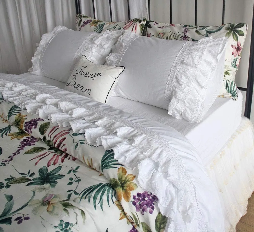 QSH Luxury Eyelet Lace Ruffle Sheets Set King Size French Country Bedding 100% Washed Cotton Shabby Bed Sheet 4pcs Deep Pockets Ruffled Bed Sheets