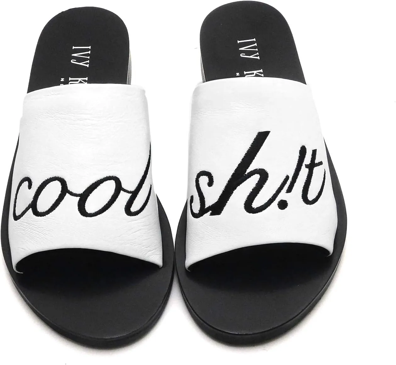 Quotes White & Black Cool Flat Open Toe Slide Mules Slip On Sandals