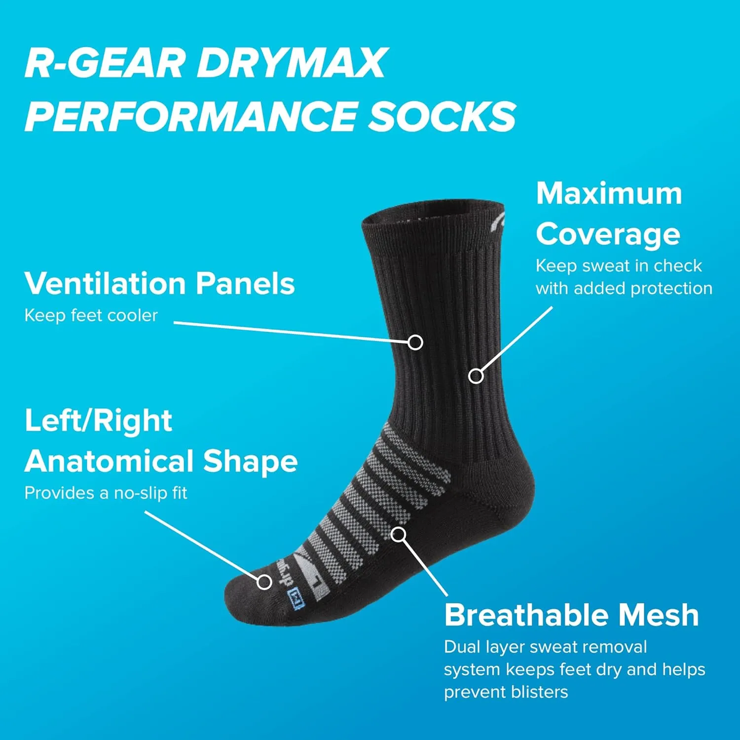 R-Gear Drymax Crew Running Socks For Men and Women, Light Cushion | Breathable, Moisture Control & Anti Blister | 3 Pack