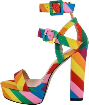 Rainbow Chunky Block High Platform Heel Peep Open Toe Sandals Ankle Strap