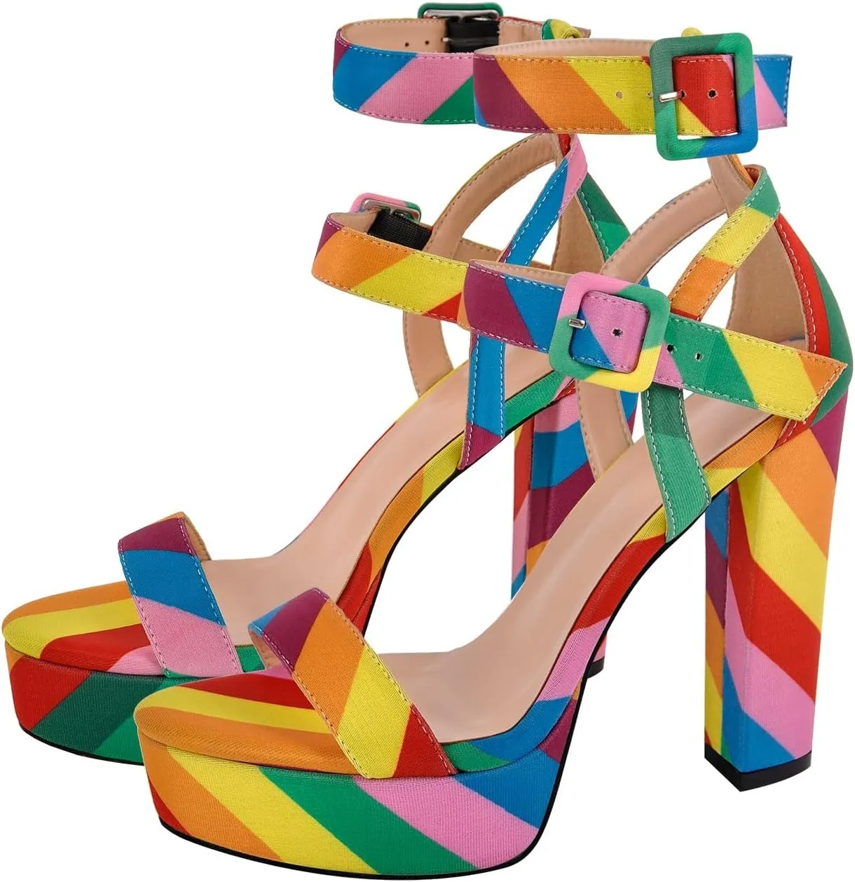 Rainbow Chunky Block High Platform Heel Peep Open Toe Sandals Ankle Strap