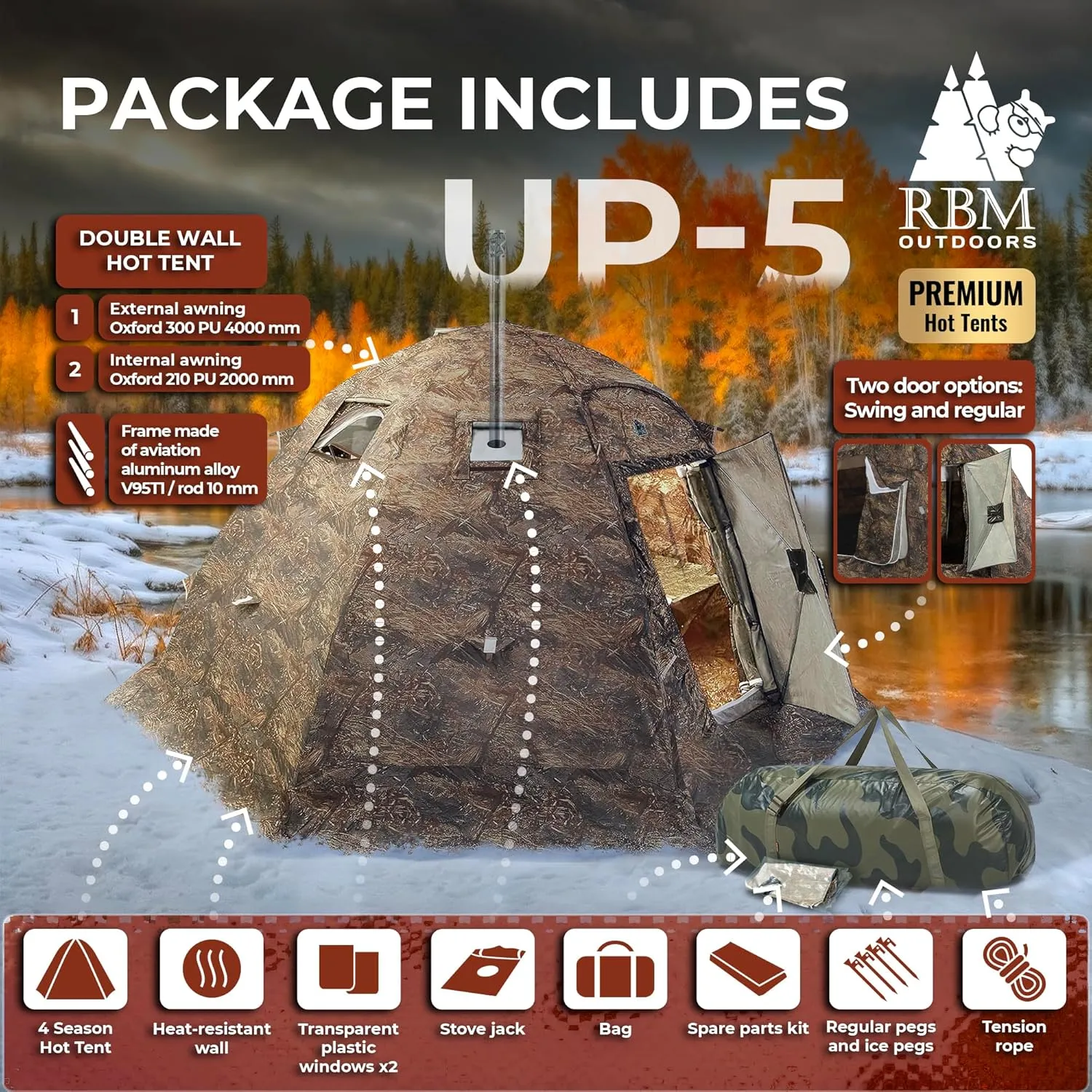 Rbm Outdoors Hot Tent with Stove Jack, Easy Setup 4 Season Winter Tents for Camping, Cold Weather Wall Double Layer Waterproof & Windproof Shelter