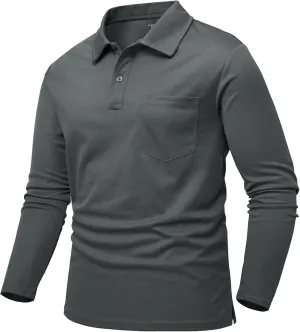 Rdruko Men's Polo with Pocket Long Sleeve Quick Dry Outdoor Golf Pullover Collared T-Shirt
