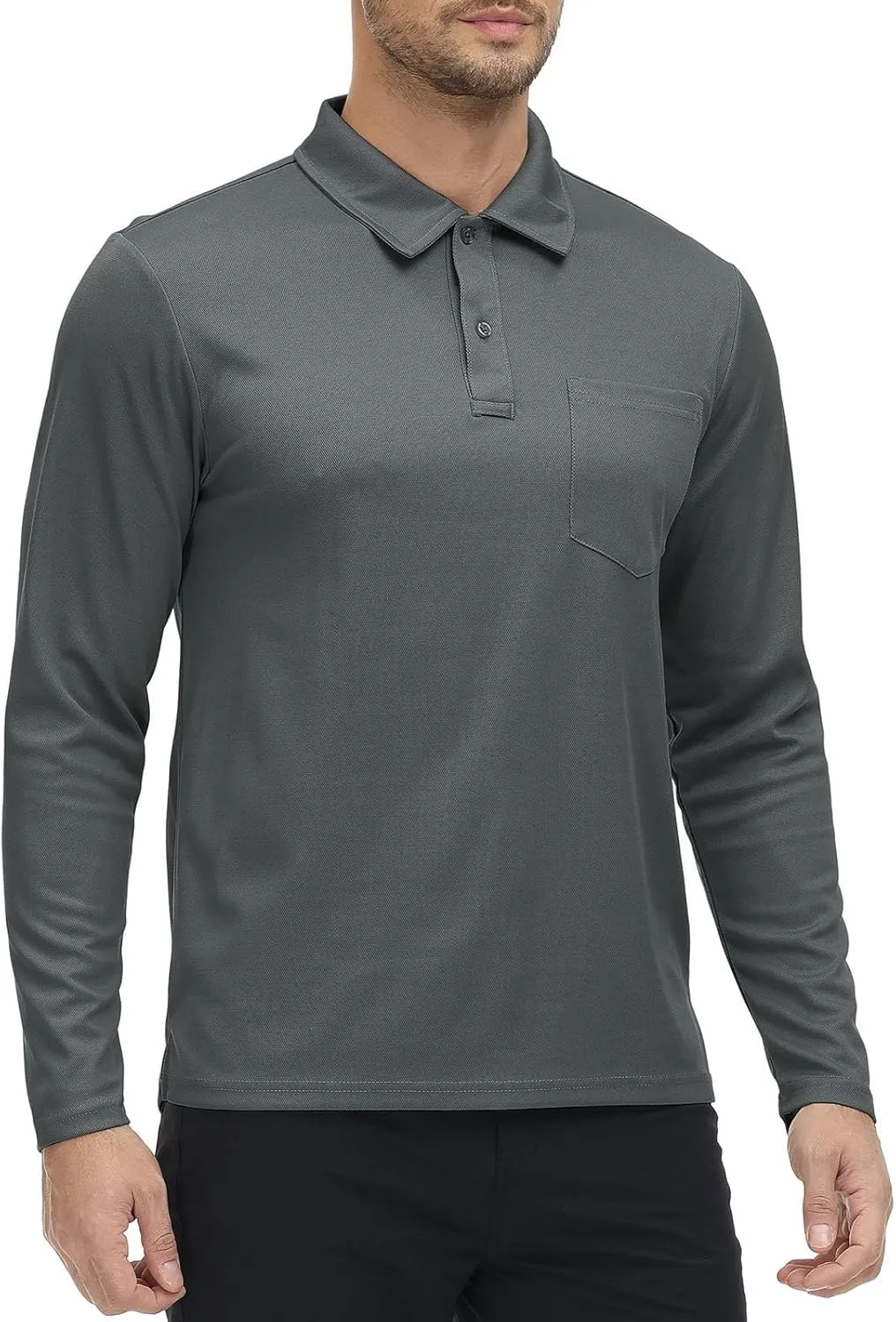 Rdruko Men's Polo with Pocket Long Sleeve Quick Dry Outdoor Golf Pullover Collared T-Shirt