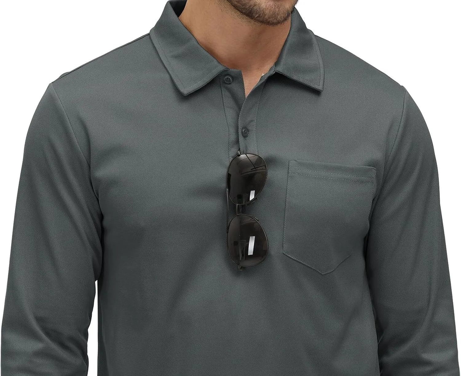 Rdruko Men's Polo with Pocket Long Sleeve Quick Dry Outdoor Golf Pullover Collared T-Shirt