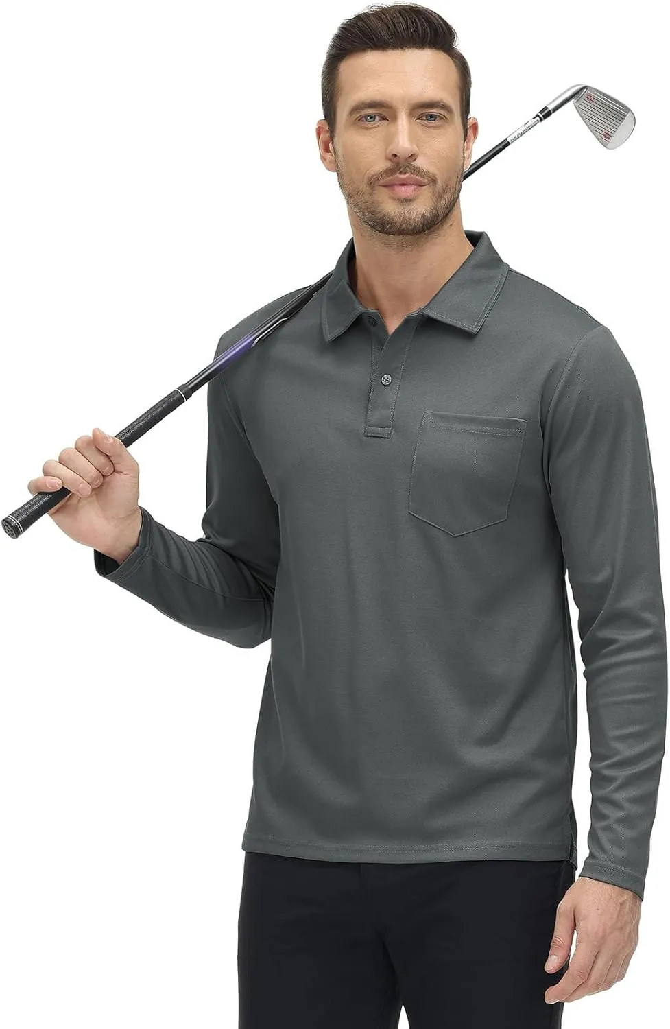 Rdruko Men's Polo with Pocket Long Sleeve Quick Dry Outdoor Golf Pullover Collared T-Shirt