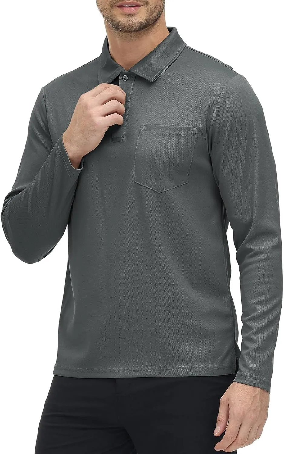 Rdruko Men's Polo with Pocket Long Sleeve Quick Dry Outdoor Golf Pullover Collared T-Shirt