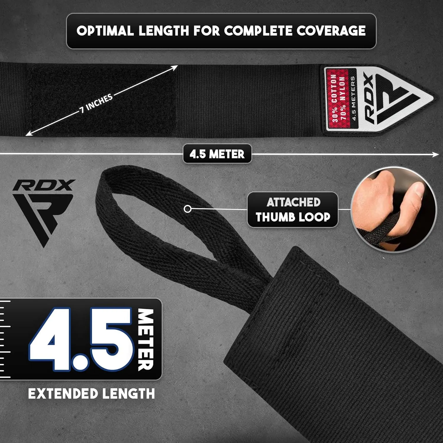 RDX Boxing Hand Wraps Inner Gloves, 4.5m 180 Inches Elasticated Thumb Loop Bandages, Under Mitts Wrist Hand Protection Muay Thai MMA Kickboxing Martial Arts Punching Bag Speed Ball Training Men Women