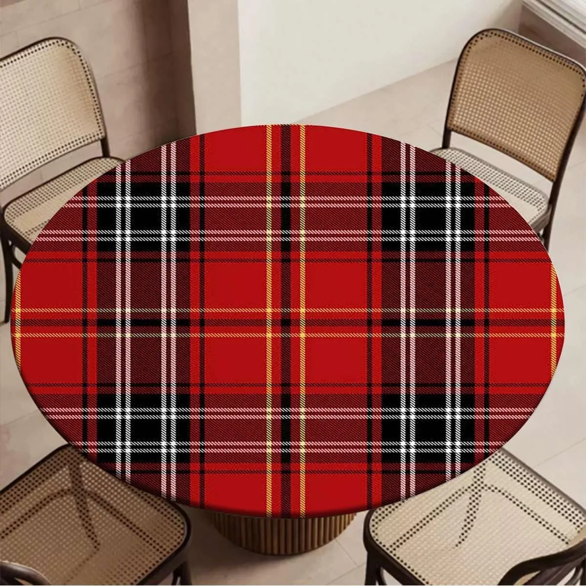 Red Black Round Fitted Tablecloth with Elastic Edge Traditional Tartan Colorful Striped Soft-Touch Fitted Table Cloth, Waterproof Oil-Proof Table Cover Geometric Fit for 44"-47" Table