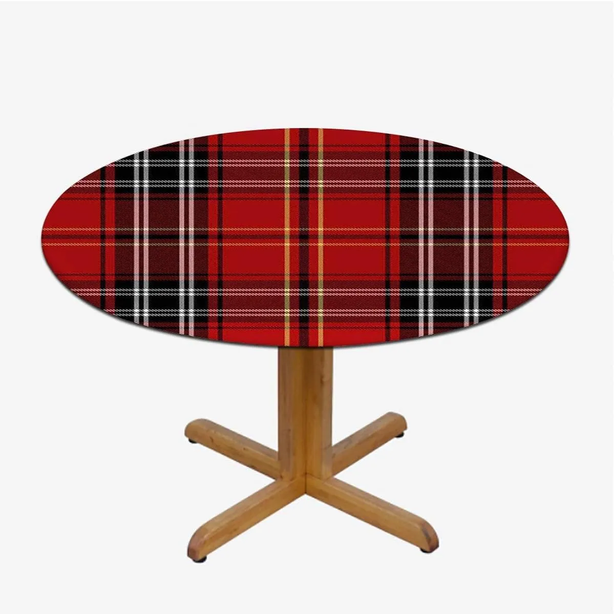 Red Black Round Fitted Tablecloth with Elastic Edge Traditional Tartan Colorful Striped Soft-Touch Fitted Table Cloth, Waterproof Oil-Proof Table Cover Geometric Fit for 44"-47" Table