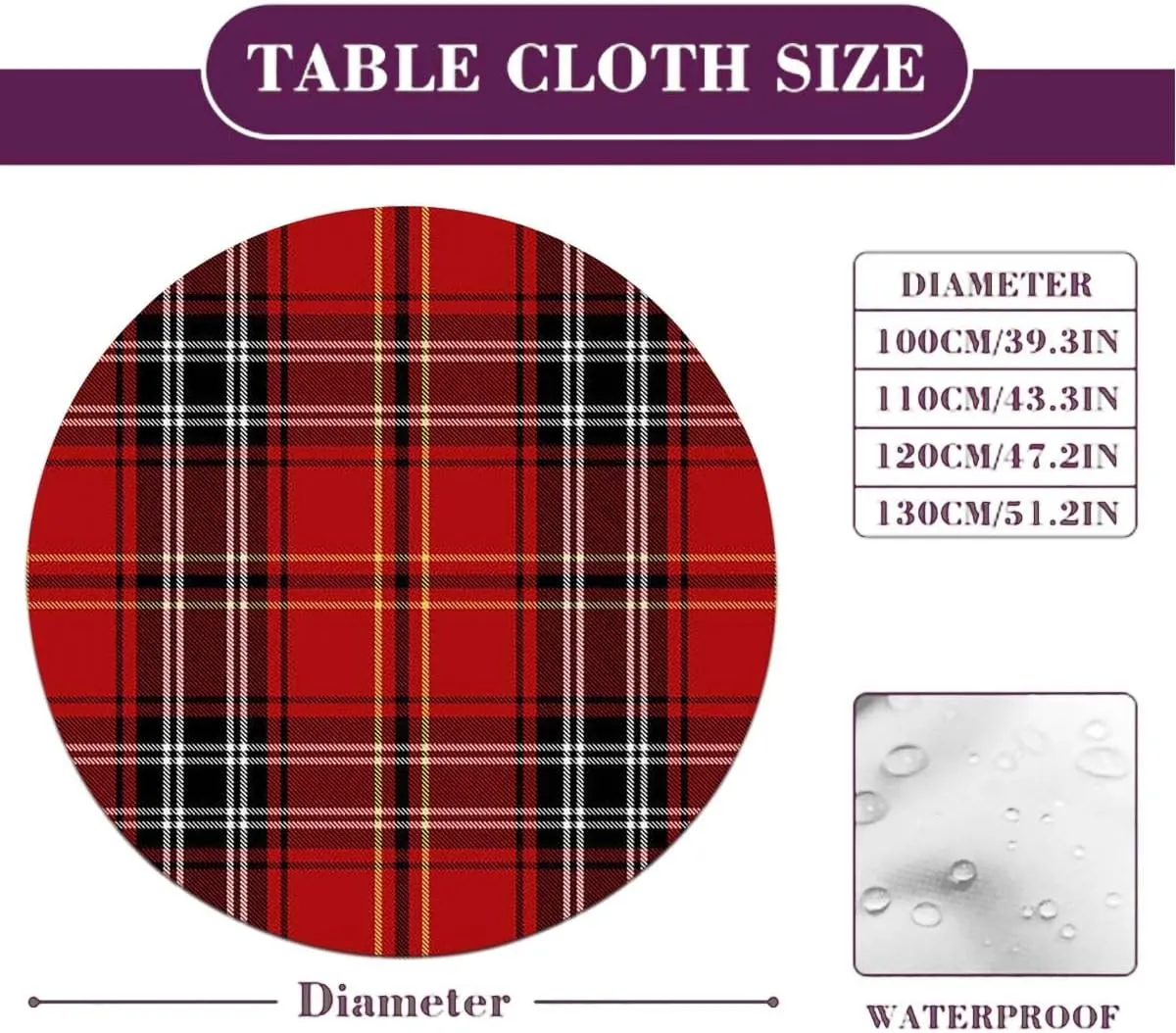 Red Black Round Fitted Tablecloth with Elastic Edge Traditional Tartan Colorful Striped Soft-Touch Fitted Table Cloth, Waterproof Oil-Proof Table Cover Geometric Fit for 44"-47" Table