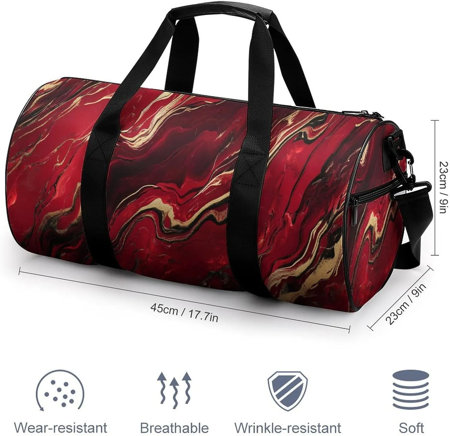 Red Gold Marble Texture Travel Gym Bag for Women Men Cylindrical Duffle Bag Sport Workout Bag with Shoulder Strap