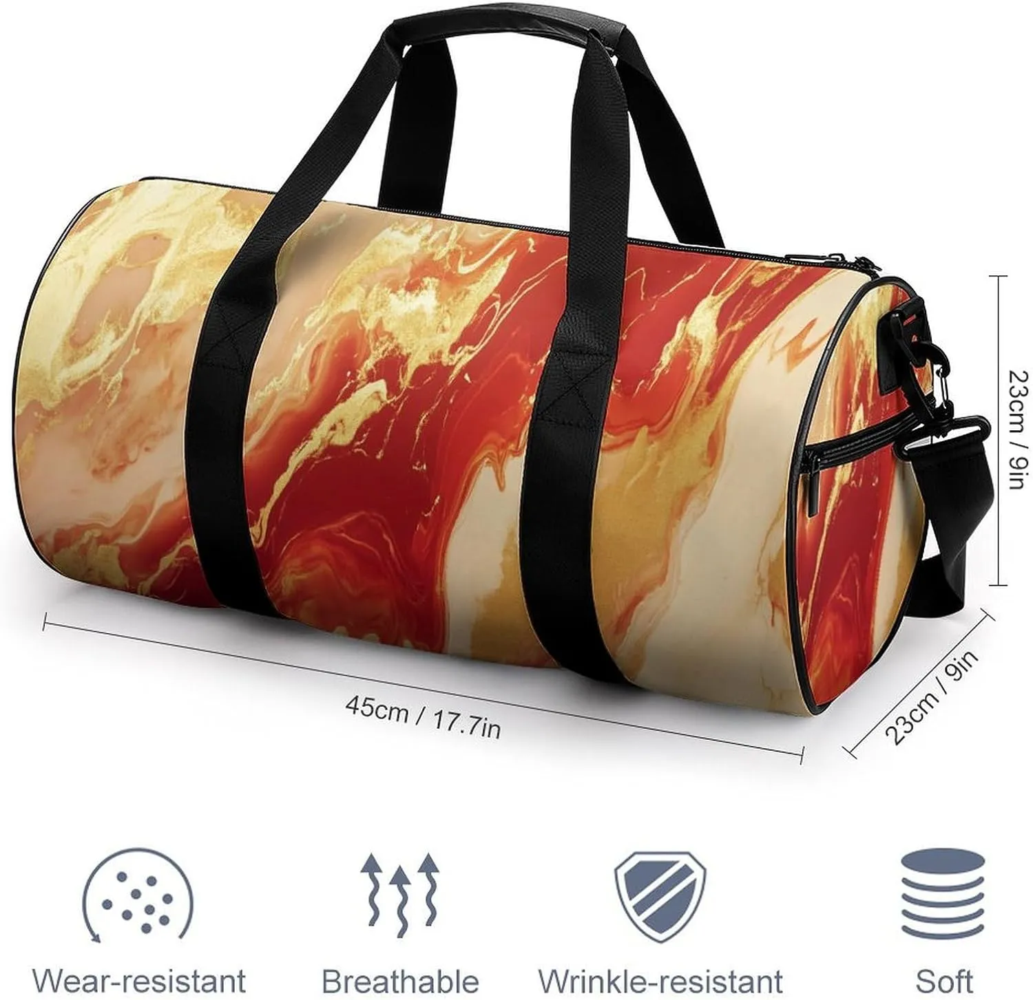Red Gold Marble Texture Travel Gym Bag for Women Men Cylindrical Duffle Bag Sport Workout Bag with Shoulder Strap