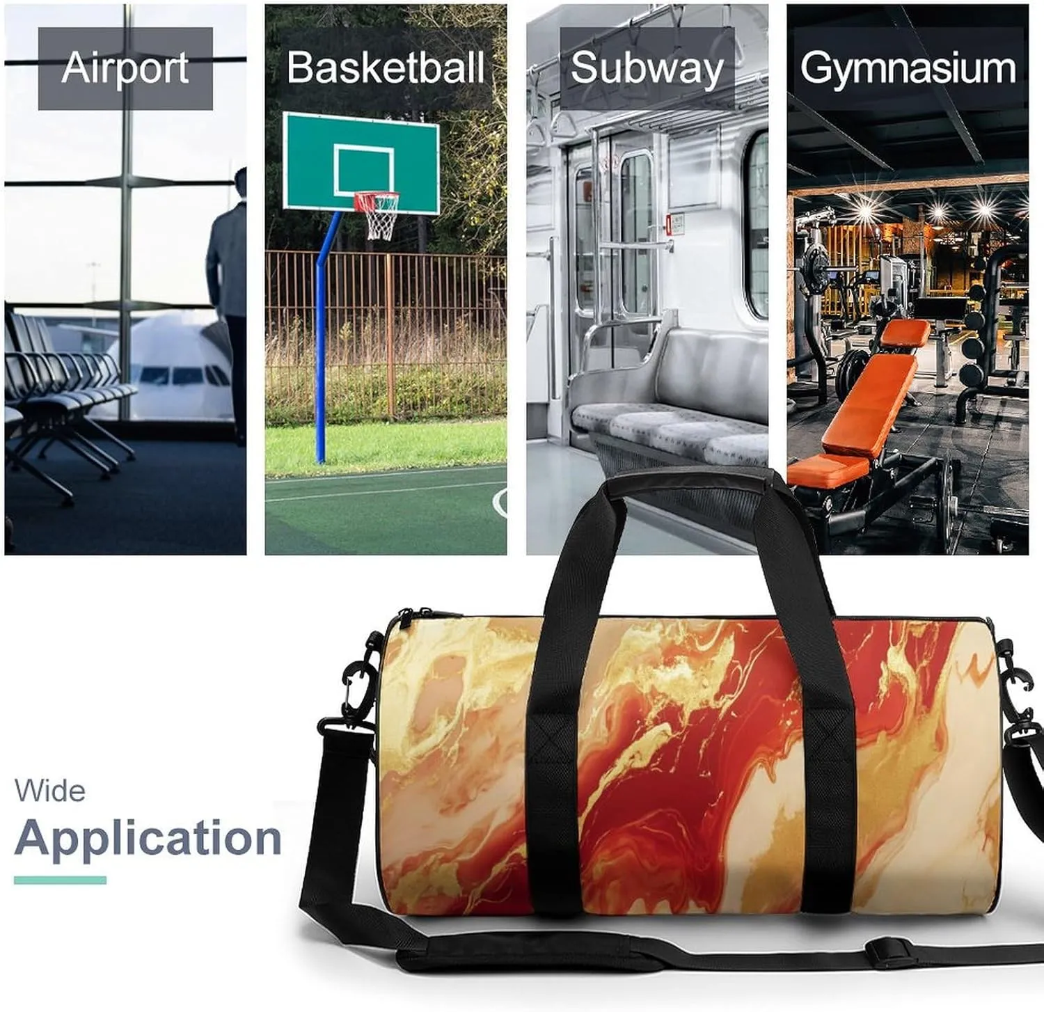 Red Gold Marble Texture Travel Gym Bag for Women Men Cylindrical Duffle Bag Sport Workout Bag with Shoulder Strap