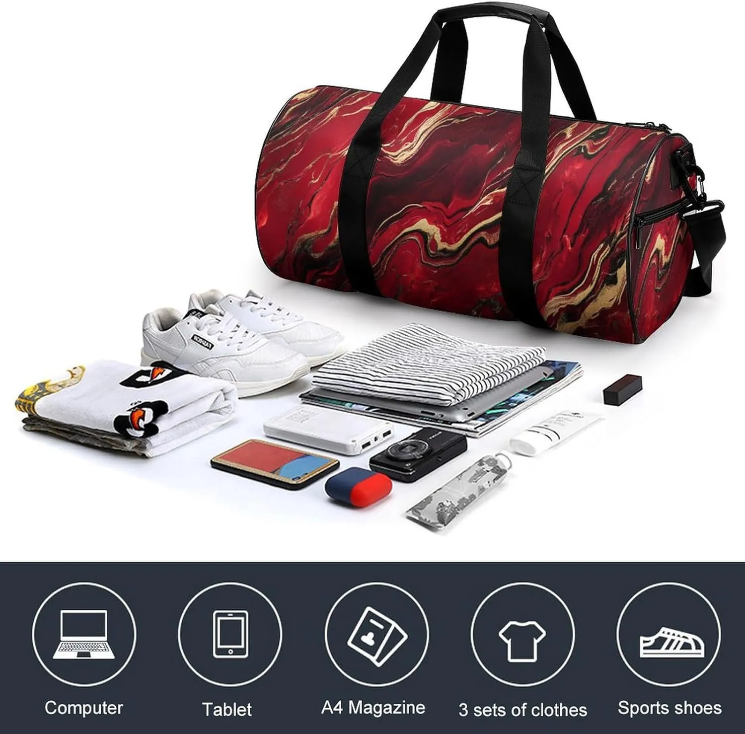 Red Gold Marble Texture Travel Gym Bag for Women Men Cylindrical Duffle Bag Sport Workout Bag with Shoulder Strap