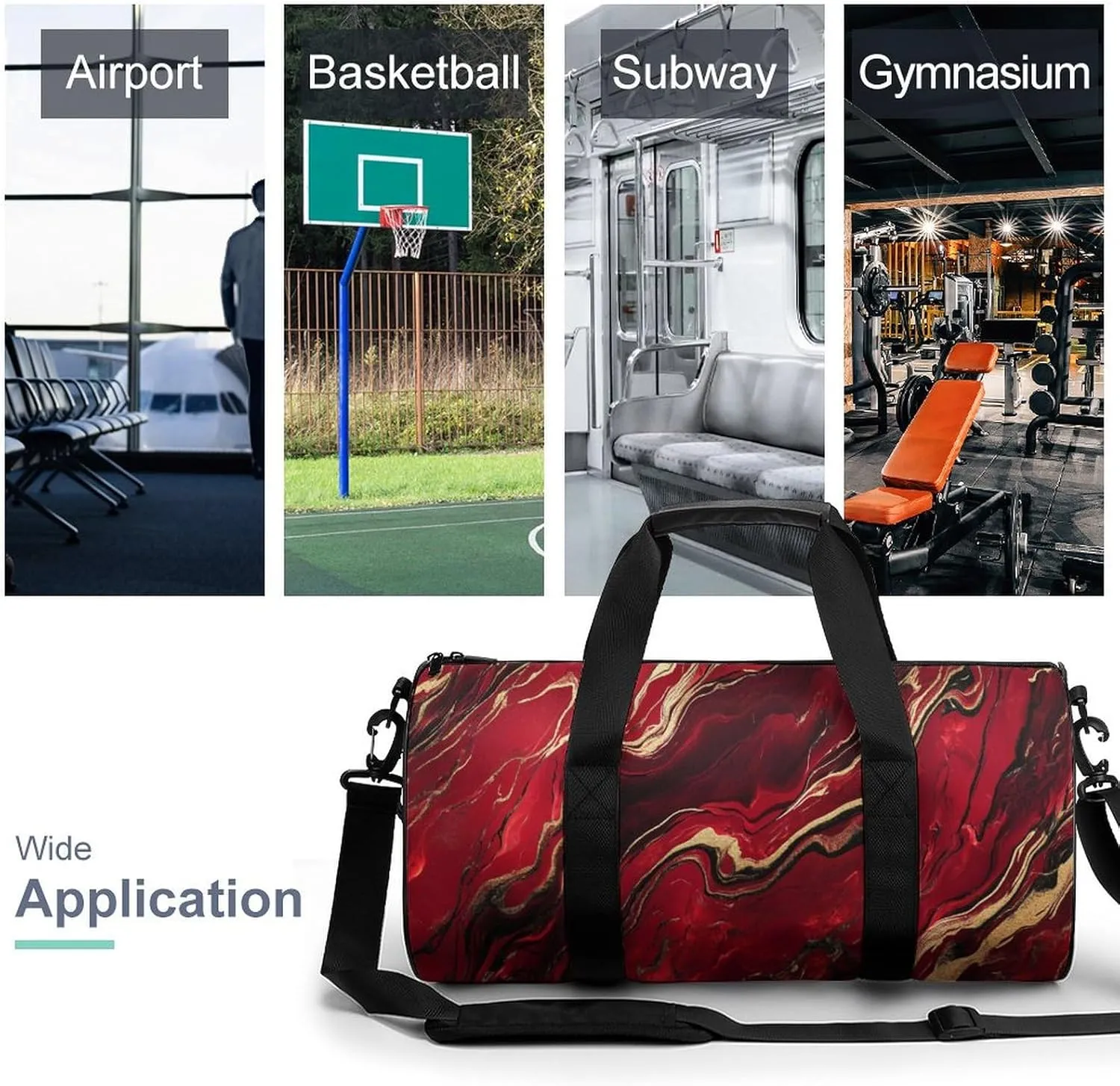 Red Gold Marble Texture Travel Gym Bag for Women Men Cylindrical Duffle Bag Sport Workout Bag with Shoulder Strap