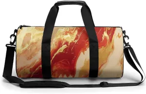 Red Gold Marble Texture Travel Gym Bag for Women Men Cylindrical Duffle Bag Sport Workout Bag with Shoulder Strap
