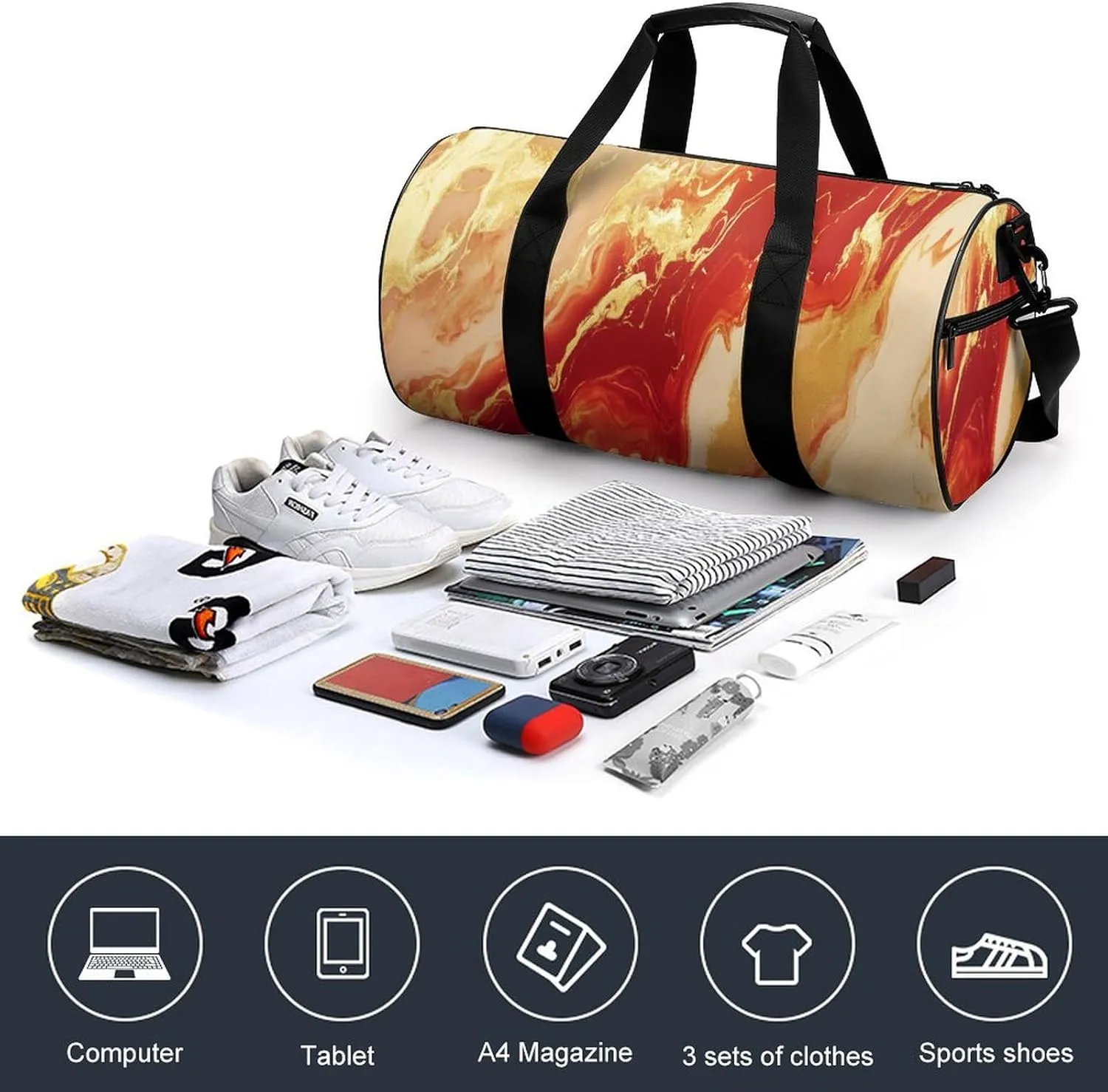 Red Gold Marble Texture Travel Gym Bag for Women Men Cylindrical Duffle Bag Sport Workout Bag with Shoulder Strap