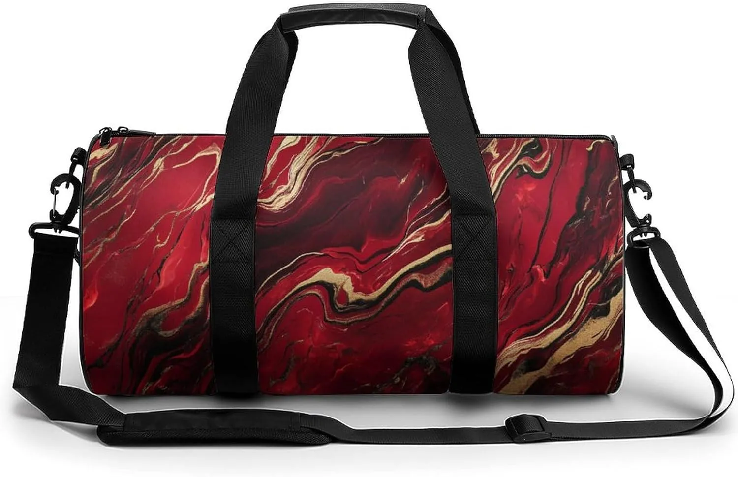 Red Gold Marble Texture Travel Gym Bag for Women Men Cylindrical Duffle Bag Sport Workout Bag with Shoulder Strap