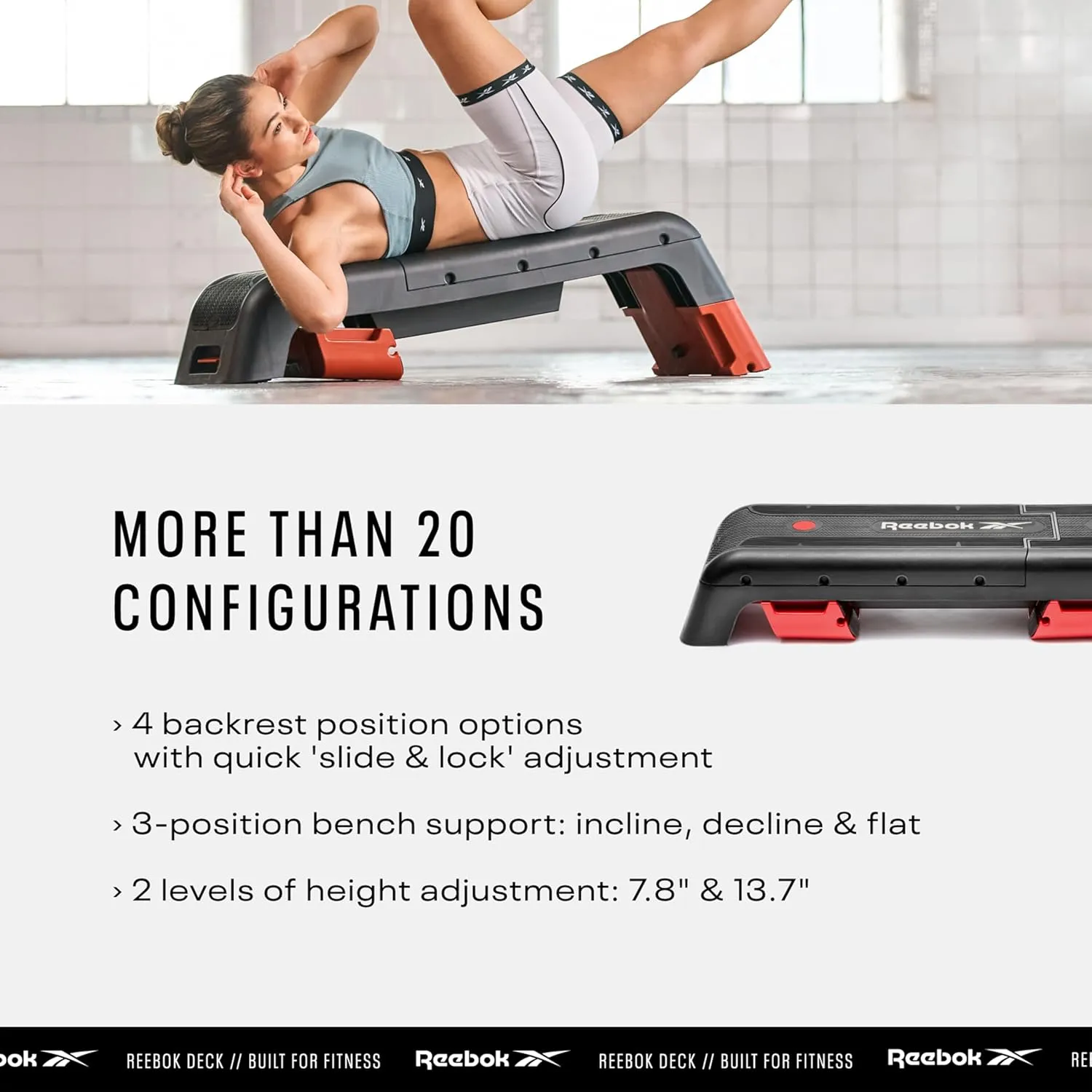 Reebok Fitness Adjustable Weight Bench and Workout Deck: Multipurpose Fitness Home Gym Bench for All Types of Training, 20  Bench Configurations