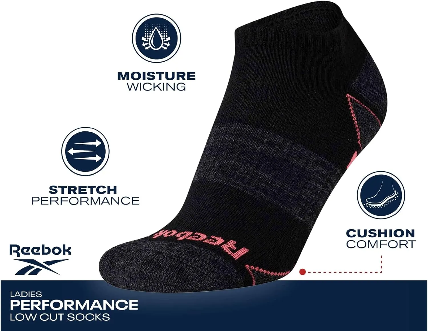 Reebok Womens Low Cut Socks - 6 Pack Cushioned Performance Stretch Moisture Wicking Athletic No Show Socks for Women (4-10)