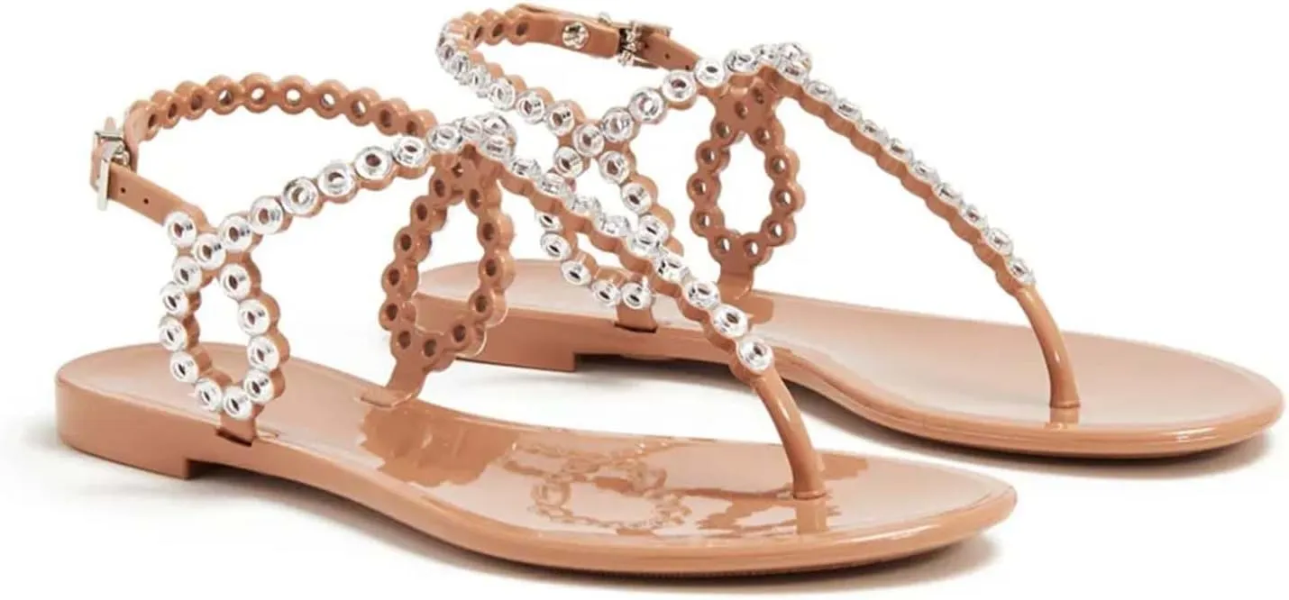 Rhinestone Sandals for Women Flat Thong Buckle Sandals Ankle Strap Dressy Sandal Open Round Toe Clear Jelly Sandal