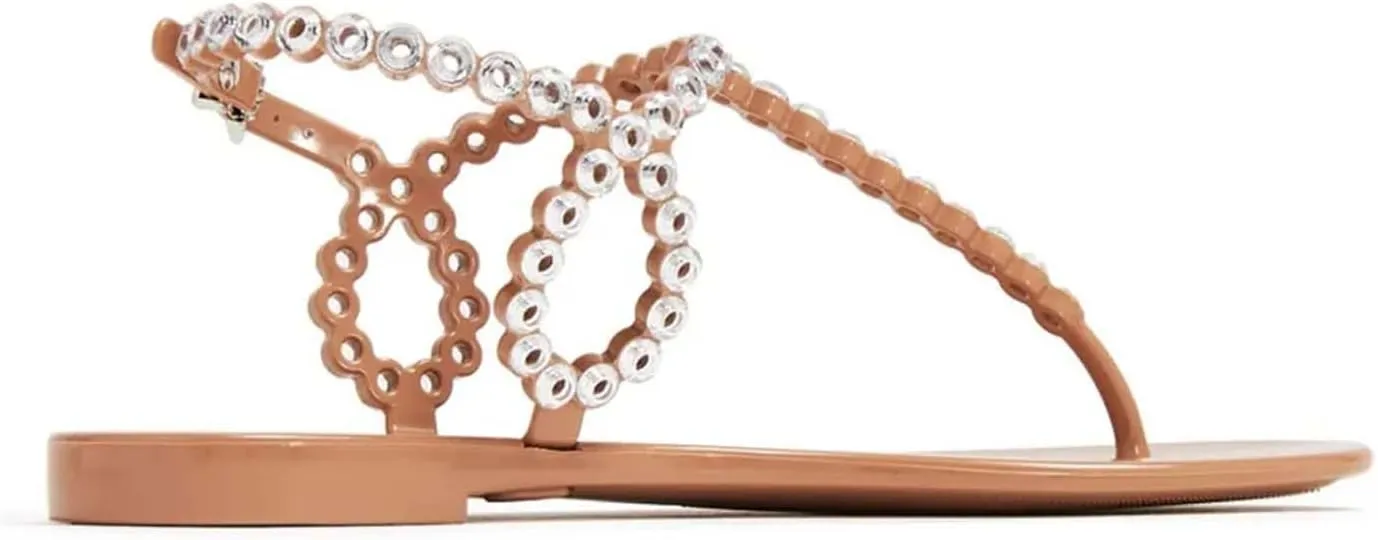 Rhinestone Sandals for Women Flat Thong Buckle Sandals Ankle Strap Dressy Sandal Open Round Toe Clear Jelly Sandal