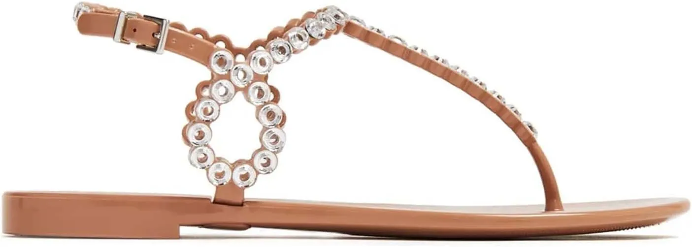 Rhinestone Sandals for Women Flat Thong Buckle Sandals Ankle Strap Dressy Sandal Open Round Toe Clear Jelly Sandal