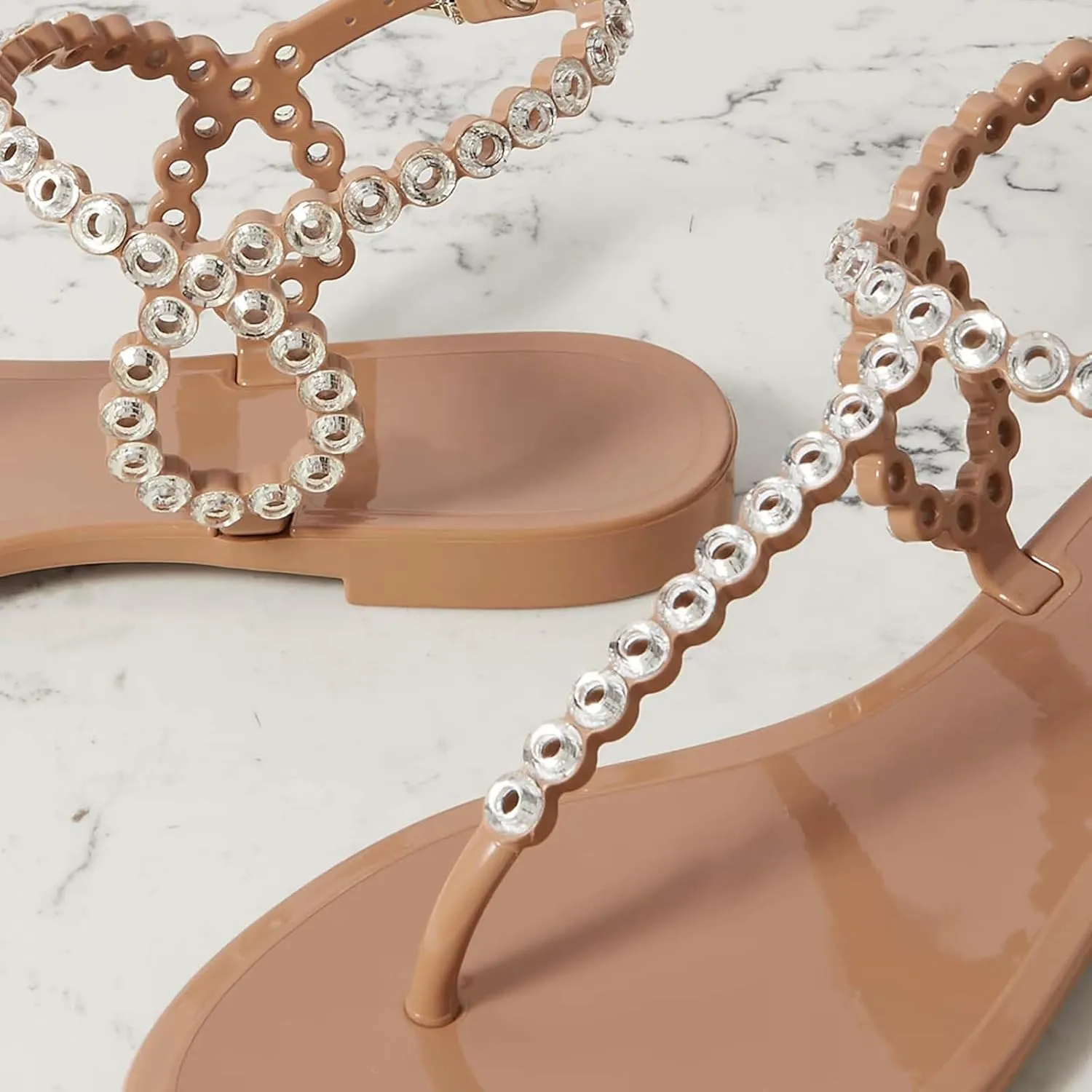 Rhinestone Sandals for Women Flat Thong Buckle Sandals Ankle Strap Dressy Sandal Open Round Toe Clear Jelly Sandal