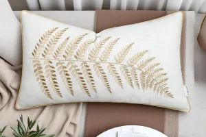 Rudransha 12x18 Ivory Cotton Lumbar Pillow Cover - Beige Fern Leaf Embroidery - Decorative Rectangular Throw Cushion Case for Couch, Sofa, Bed, Living Room - Boho Farmhouse Home Decor