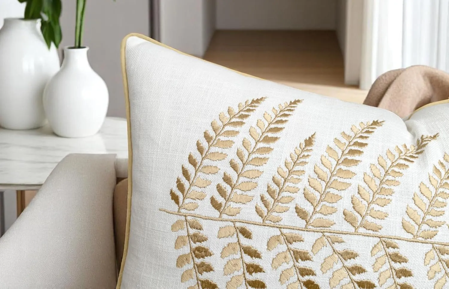 Rudransha 12x18 Ivory Cotton Lumbar Pillow Cover - Beige Fern Leaf Embroidery - Decorative Rectangular Throw Cushion Case for Couch, Sofa, Bed, Living Room - Boho Farmhouse Home Decor