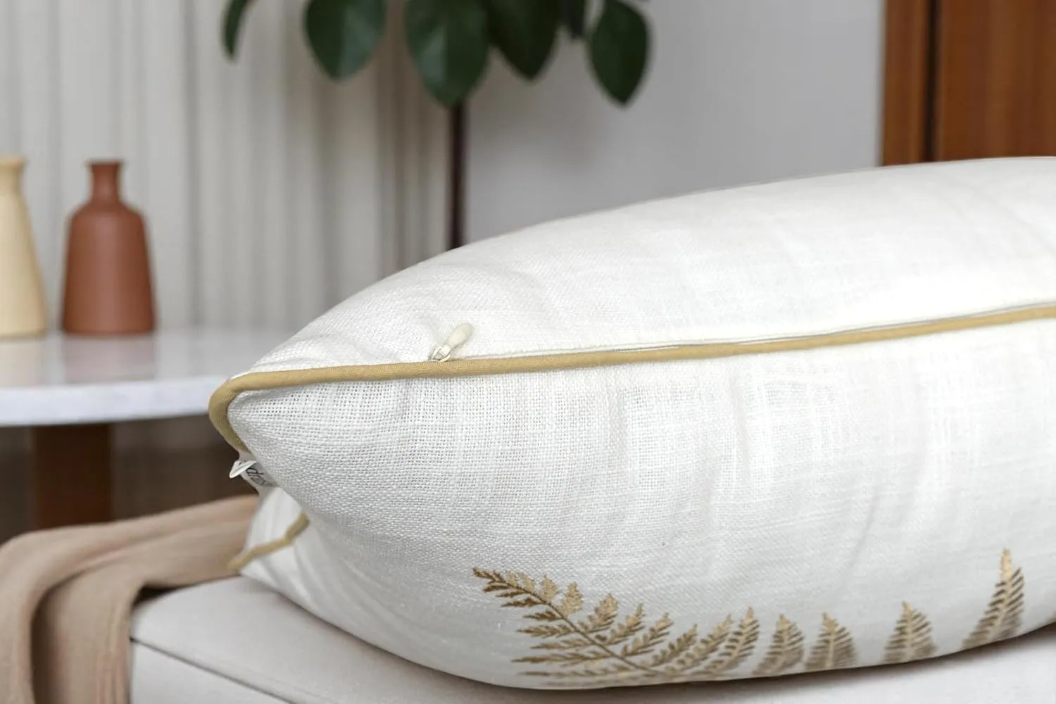 Rudransha 12x18 Ivory Cotton Lumbar Pillow Cover - Beige Fern Leaf Embroidery - Decorative Rectangular Throw Cushion Case for Couch, Sofa, Bed, Living Room - Boho Farmhouse Home Decor