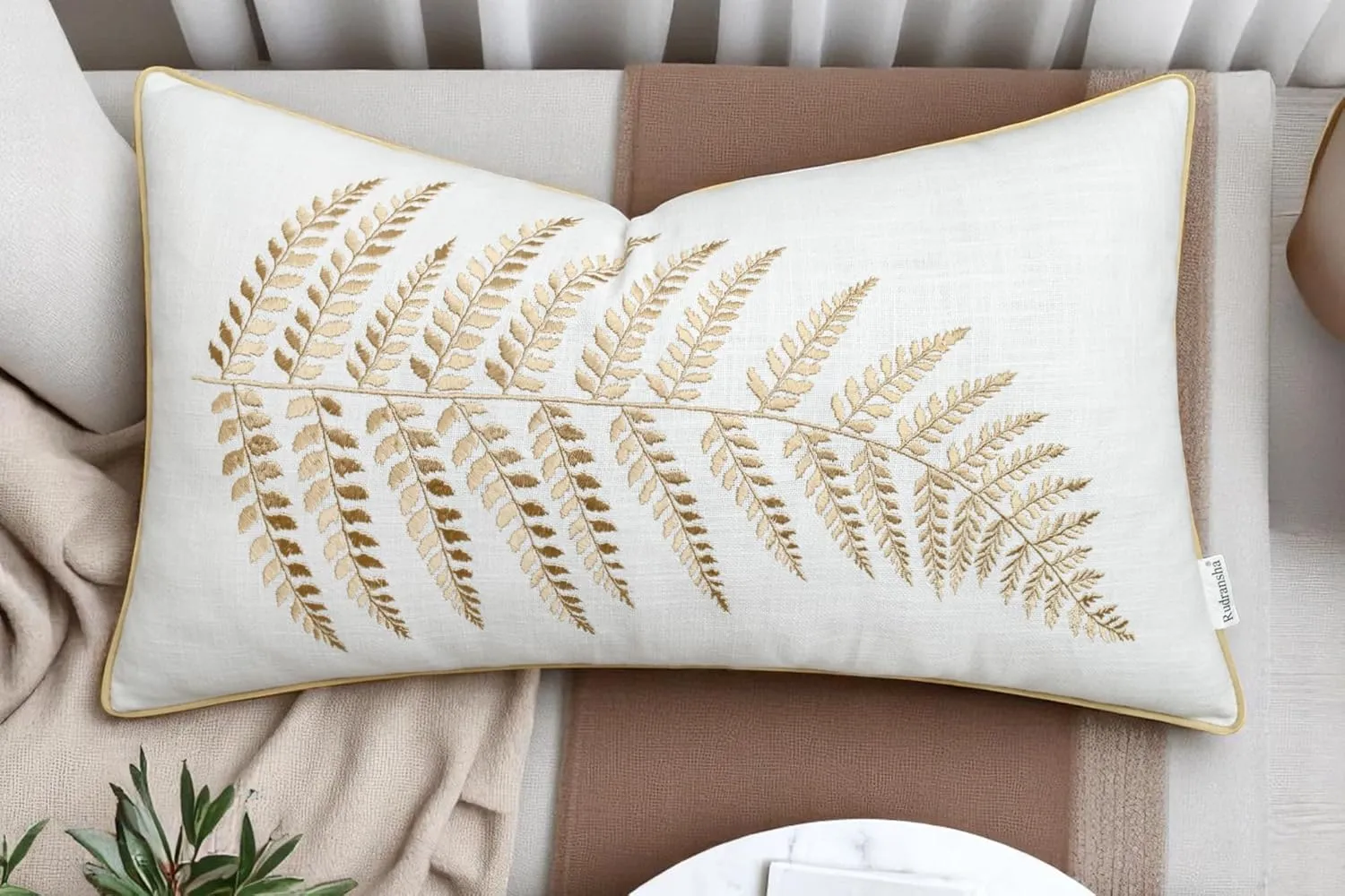 Rudransha 12x18 Ivory Cotton Lumbar Pillow Cover - Beige Fern Leaf Embroidery - Decorative Rectangular Throw Cushion Case for Couch, Sofa, Bed, Living Room - Boho Farmhouse Home Decor