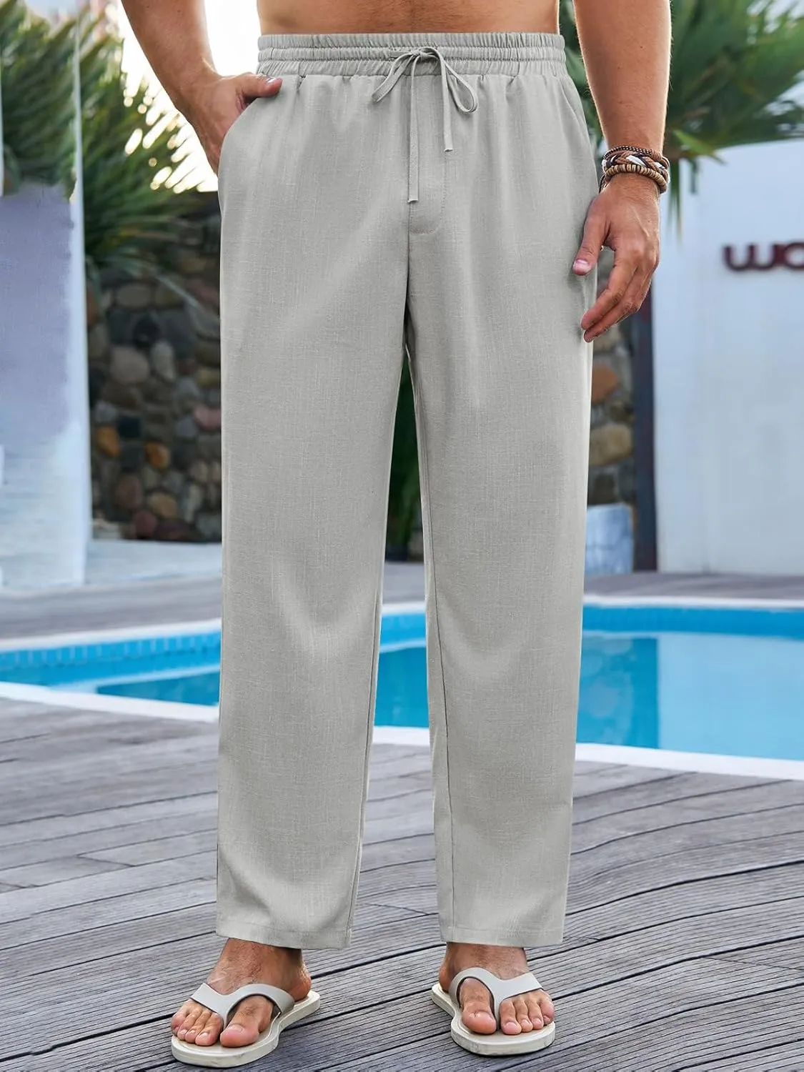Runcati Mens Casual Pants Drawstring Elastic Waist Lightweight Cropped Linen Pants Summer Yoga Beach Trousers