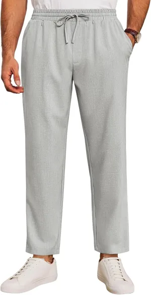 Runcati Mens Casual Pants Drawstring Elastic Waist Lightweight Cropped Linen Pants Summer Yoga Beach Trousers