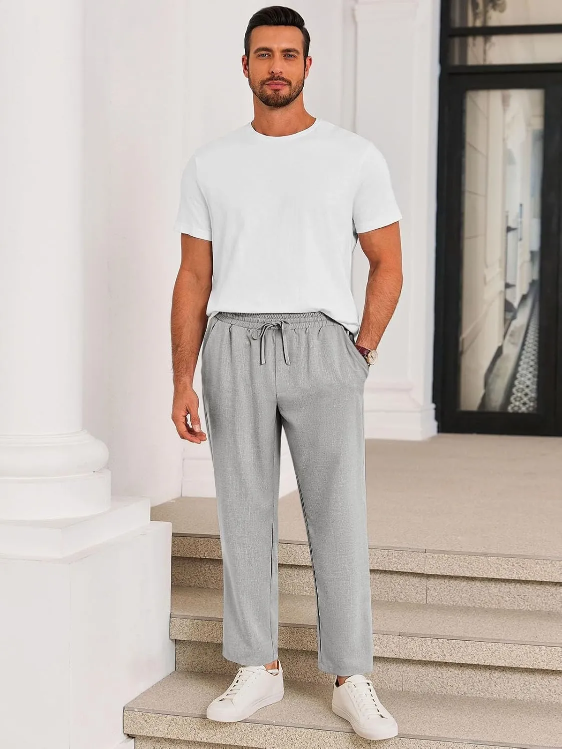 Runcati Mens Casual Pants Drawstring Elastic Waist Lightweight Cropped Linen Pants Summer Yoga Beach Trousers