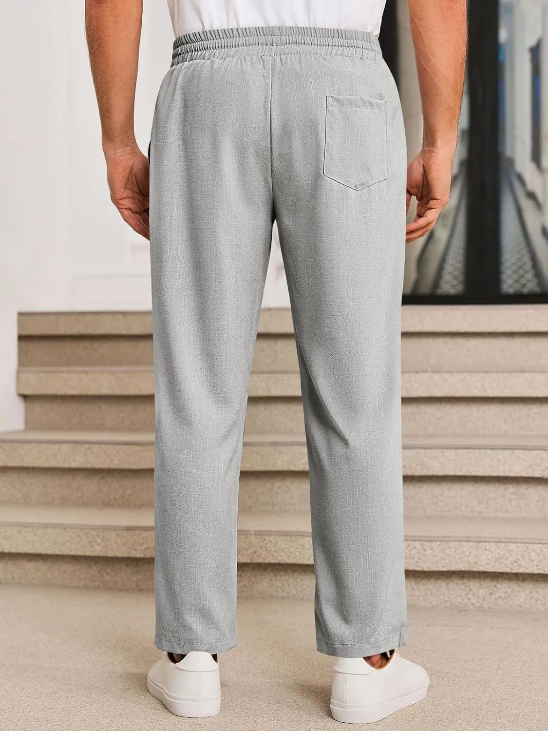 Runcati Mens Casual Pants Drawstring Elastic Waist Lightweight Cropped Linen Pants Summer Yoga Beach Trousers