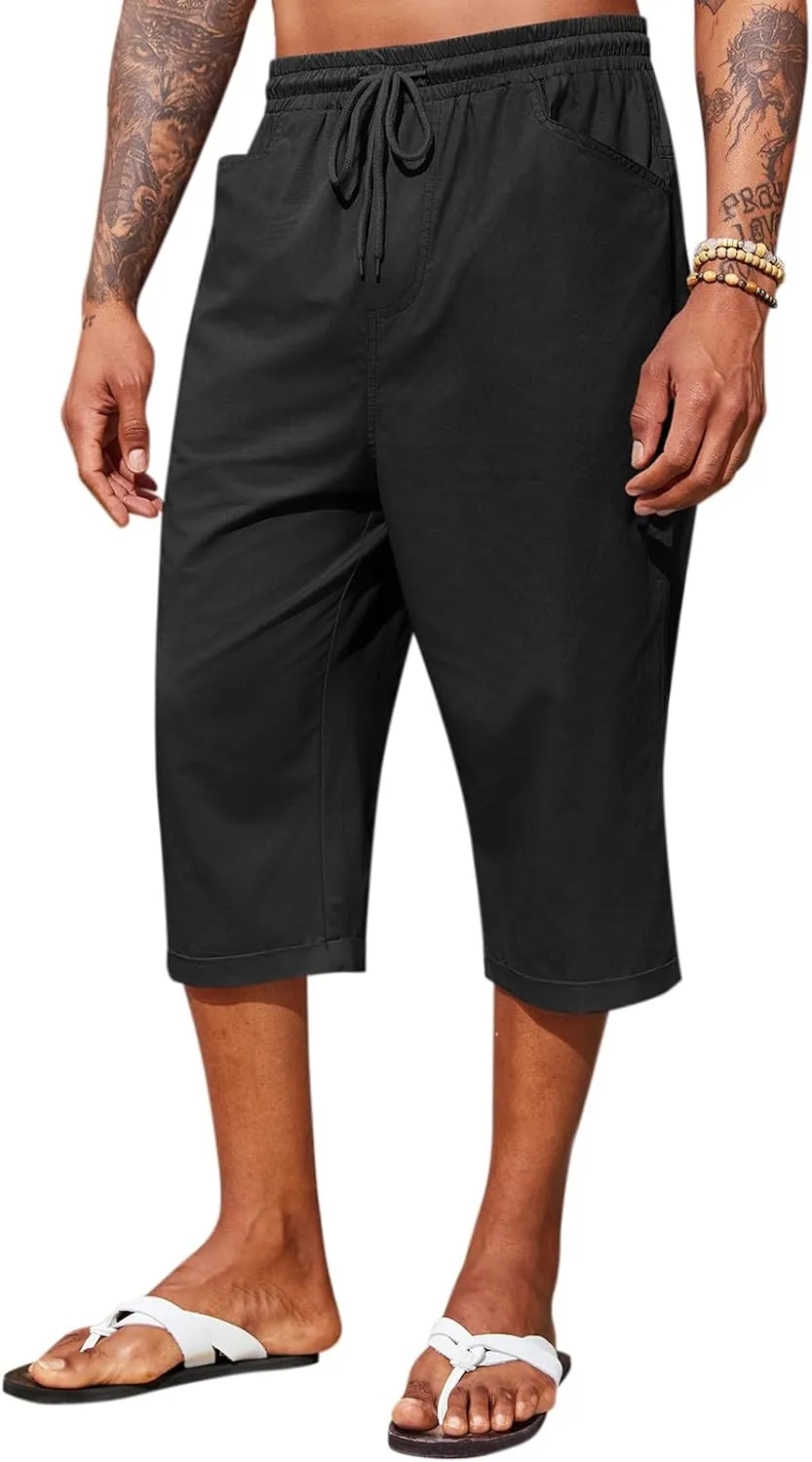 Runcati Mens Harem Capri Pants Casual Elastic Waist Cotton 3/4 Shorts Summer Beach Yoga Tapered Trousers