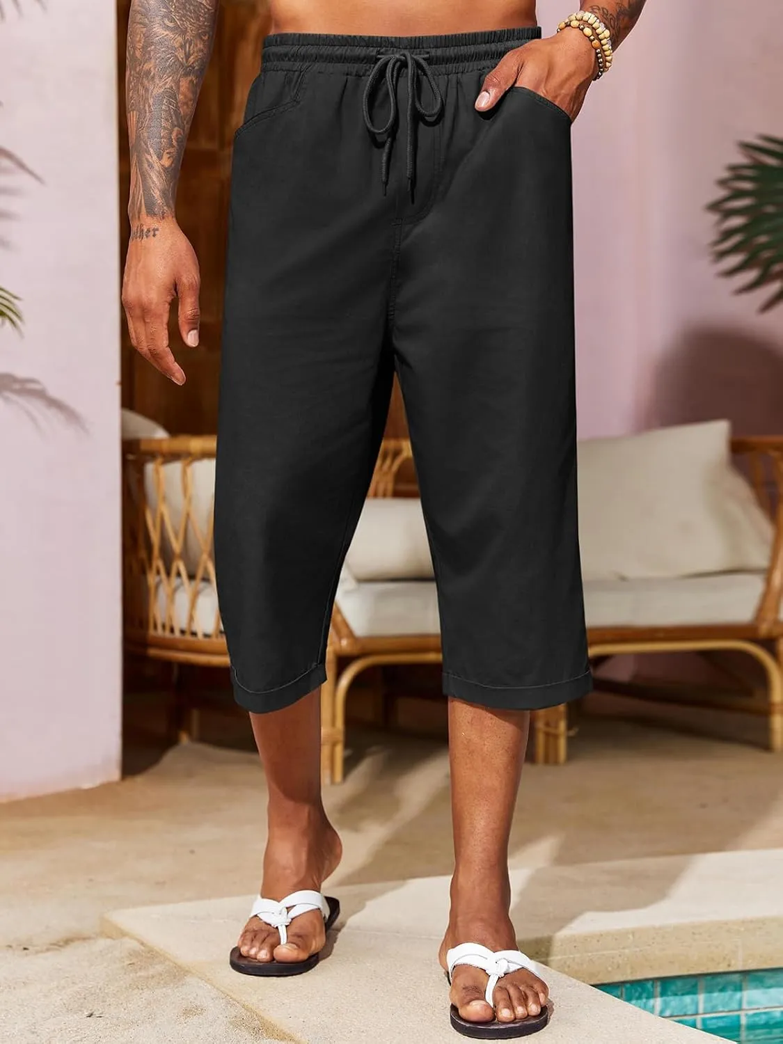 Runcati Mens Harem Capri Pants Casual Elastic Waist Cotton 3/4 Shorts Summer Beach Yoga Tapered Trousers