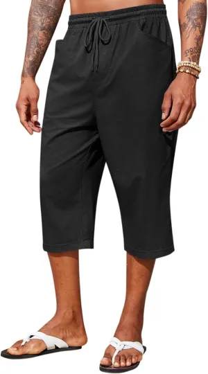 Runcati Mens Harem Capri Pants Casual Elastic Waist Cotton 3/4 Shorts Summer Beach Yoga Tapered Trousers