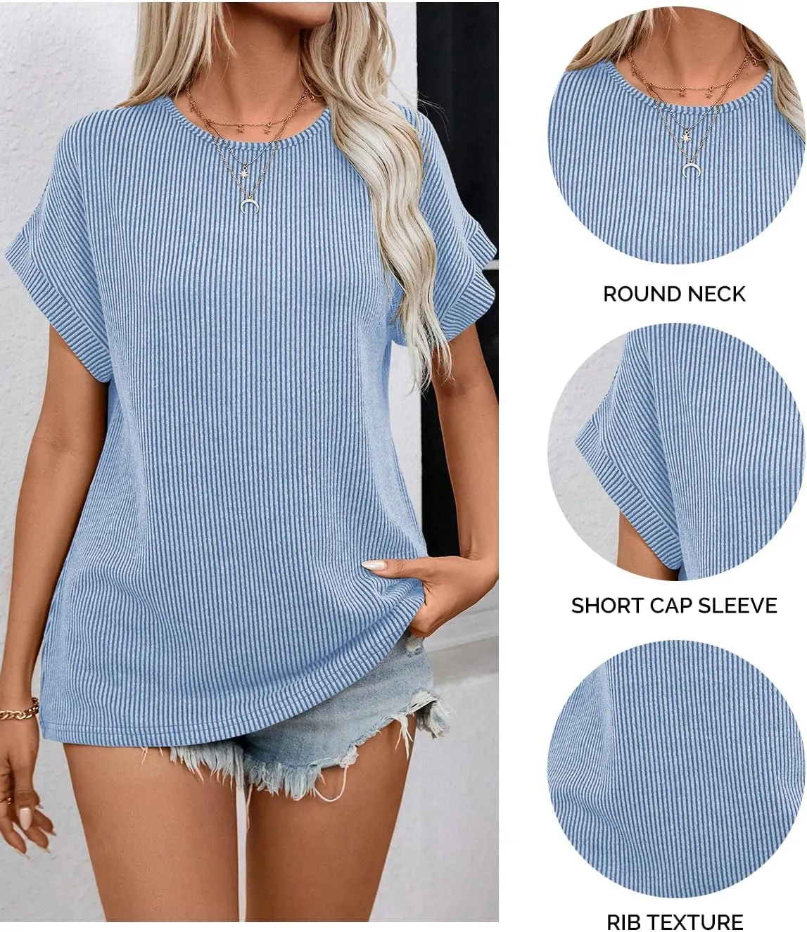 Samefar Womens Tops Dressy Casual Round Neck Short Cap Sleeve Shirts Rib Texture Loose Blouses Tee Cute Clothes Trendy